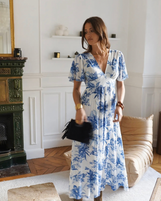 Robe longue fleurs bleues