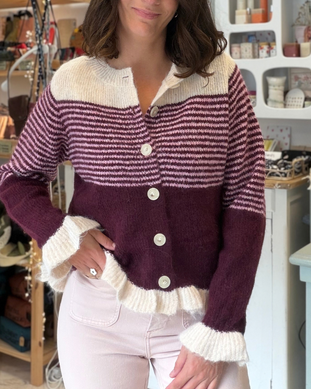 Gilet rayures prune